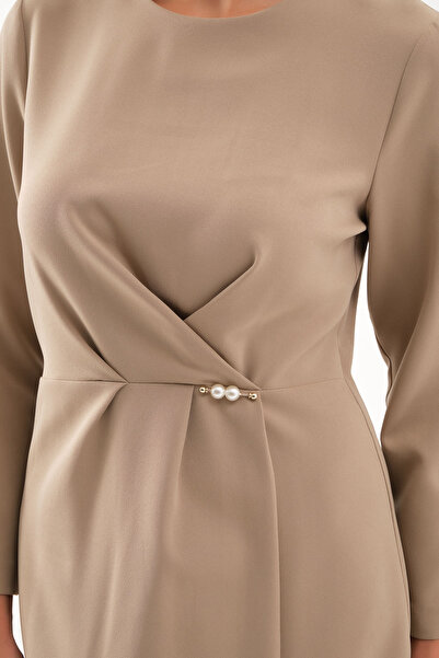 Lafaba Kadın Camel İnci Detay Midi Davet Elbisesi