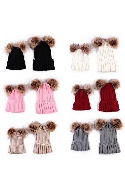 JollyMag Mother and child hat set with two Drool pompoms (Color: Red)