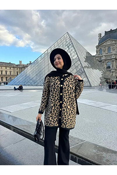 LE CARAMBOLE Women's Leopard Print Buttoned Wool Knitwear Cardigan