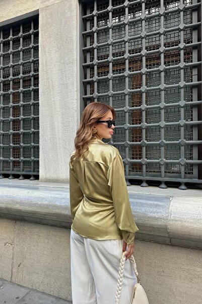 Lusin Women's Oil Green Double Breasted Side Tie Seasonal Winter Satin Shirt