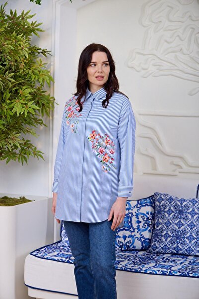 Moodbasic ÇİÇEK DETAYLI ÇİZGİLİ GÖMLEK