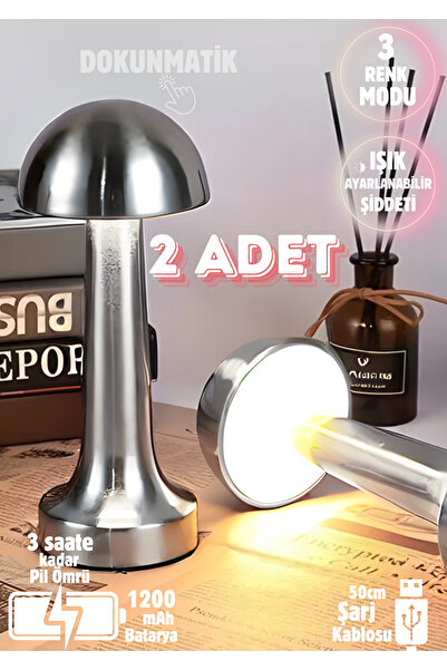 Unichrome 2 Adet Lizbon 3 Işık Renkli Şarjlı Dim Edilebilir Metal Masa Lambas...