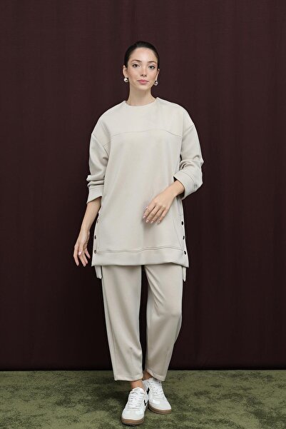 Puane Women's Basic Set with Snap Detail on the Sides and Slit - 14384Tks - Stone