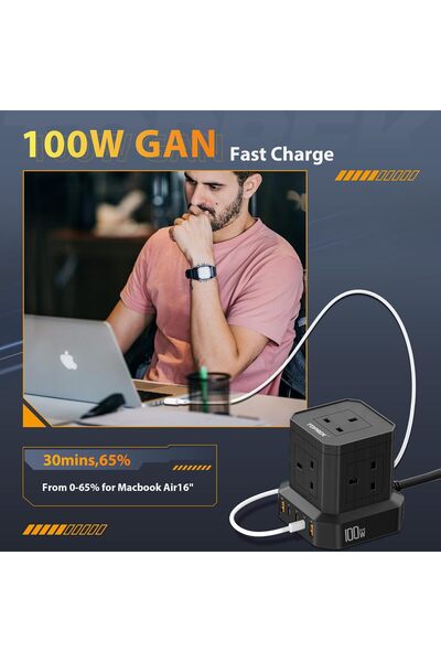 Generic كابل تمديد الشحن السريع TOPREK 100 واط PD3.0 مع فتحات USB، شحن سريع متزامن لـ 10 أجهزة