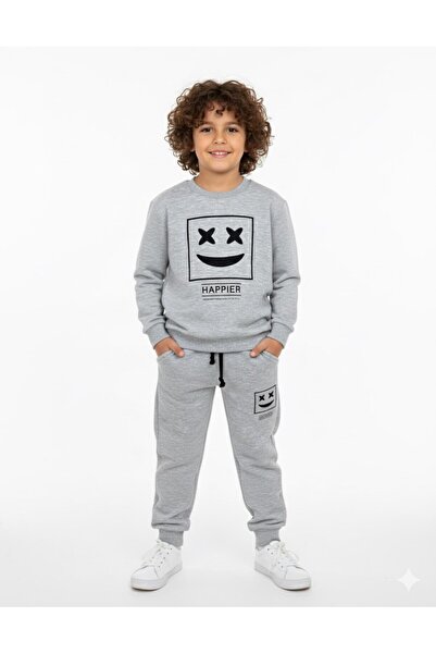 VOY KİDS Boy's Happier Printed, Thin Seasonal 5-6-7-8-9-10 Years Old Viscose 2 Thread Tracksuit Set
