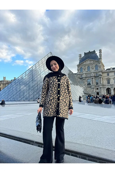 MODAMERSİ Women's Leopard Print Buttoned Wool Knitwear Cardigan