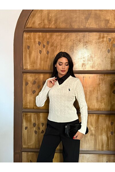 MODAMERSİ Pulover de tricotat cu guler alb pentru femei