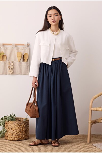 HEQA Büzgülü Kanvas Etek Ofis Lacivert