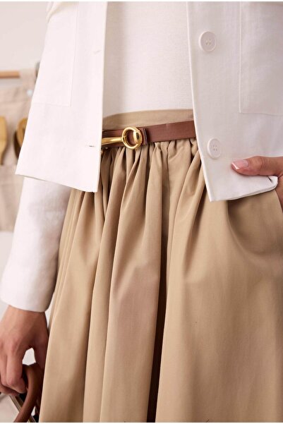 HEQA Büzgülü Kanvas Etek Koyu Bej