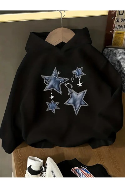 buendiakids Kız\Erkek Çocuk Siyah Kot Yıldızlar Baskılı Kapşonlu Sweatshirt