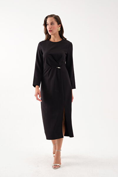 Lafaba Women's Black Pearl Detail Midi Party Dress