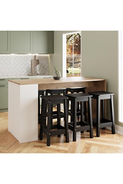 Bimossa Edgar G4841 6 Adet Siyah Tabure Mutfak Ada Bar Masa 160cm Sepet Beyaz Çok Amaçlı Depolamalı Masa