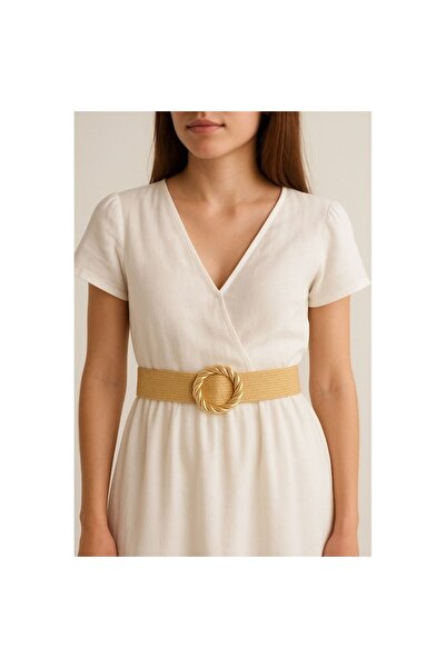 OEM Elastic Summer Belt with Golden Round Buckle for Women 105x5cm
