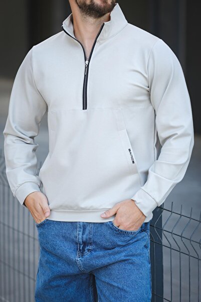 since 1990 man سترة رياضية رجالية من مانباراك بياقة نصف مدورة وسحابين، تصميم ضيق