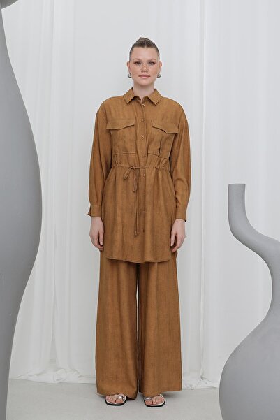 Puane Women's Drawstring Waist Detailed Trouser Suit - 14310Tks - Camel