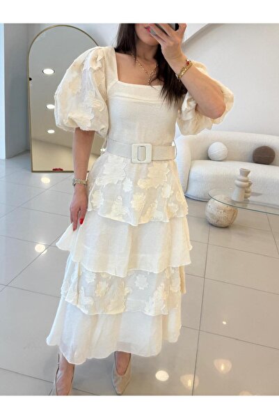 Şulenin Butiği KEMERLİ TASARIM KETEN ELBİSE