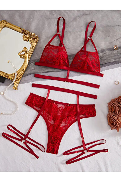 OBRO Sexy Lingerie Set - Red Lace Bra, Garter Belt & Thong Panty + Gift Wrapping