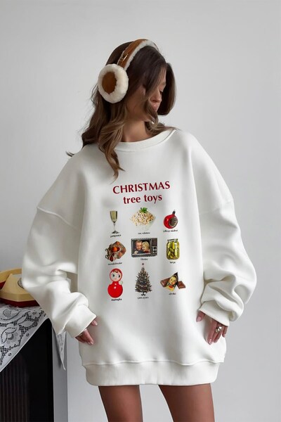 Gia Collection Women's Oversize Sweatshirt Dress Christmas Toys Printed White – Crew Neck, 3 Thread Fleece