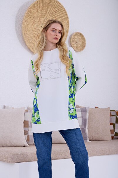 Moodbasic Patterned Satin Detailed Crepe Tunic - Ecru