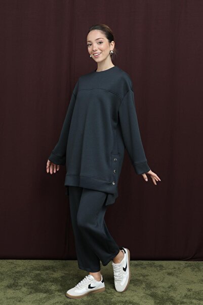 Puane Kadın Yanları Çıtçıt Detaylı Yırtmaçlı Basic Takım - 14384TKS - Antrasit