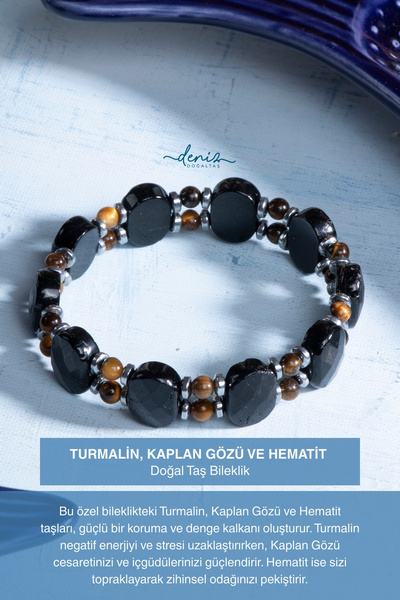 Deniz Doğal Taş Sertifikalı Turmalin Kaplan Gözü Hematit Doğal Taş Bileklik
