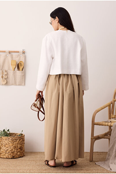 HEQA Büzgülü Kanvas Etek Koyu Bej