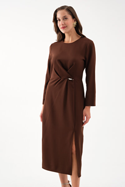 Lafaba Kadın Kahverengi İnci Detay Midi Davet Elbisesi