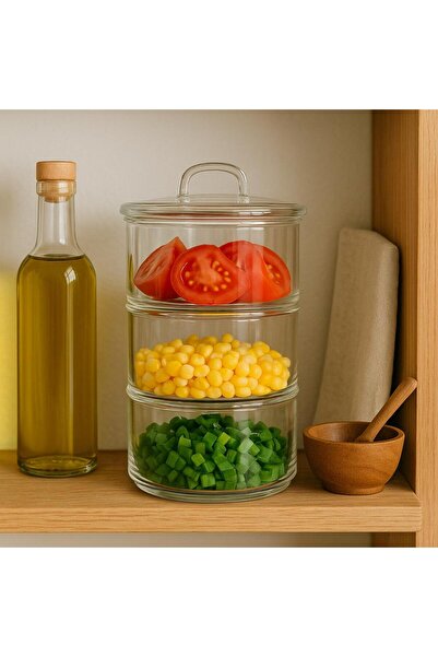 isra kristal Glass Storage Container 3-Tier Set - Kitchen Interior Organizer - Food Storage Jar