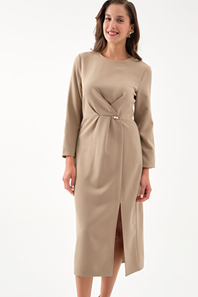 Lafaba Kadın Camel İnci Detay Midi Davet Elbisesi