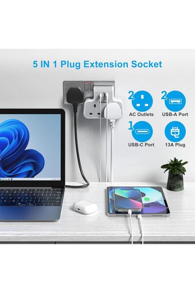 TOPREK Multi Plug Adaptor, Double Plug Adapter UK, 2 USB-A & 1 USB-C, Slim Wall Extension Socket