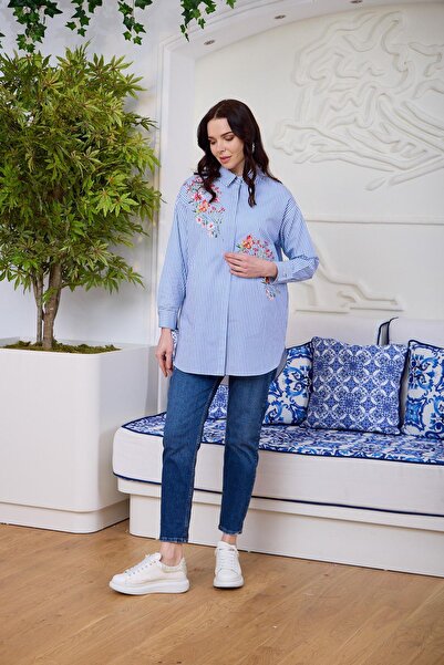 Moodbasic ÇİÇEK DETAYLI ÇİZGİLİ GÖMLEK