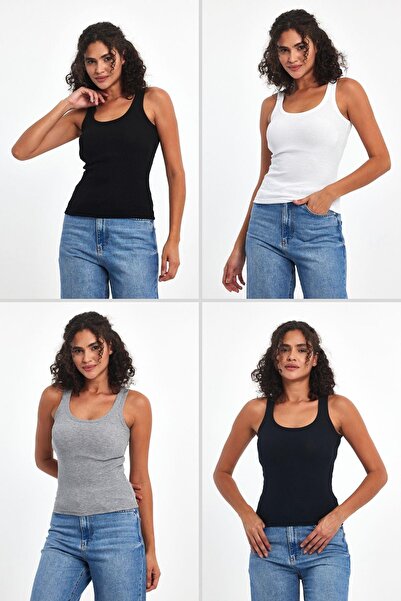 COMEOR Women's Black-Grey-White-Navy Blue Ribbed Look Thick 4-Piece Basic Tan...