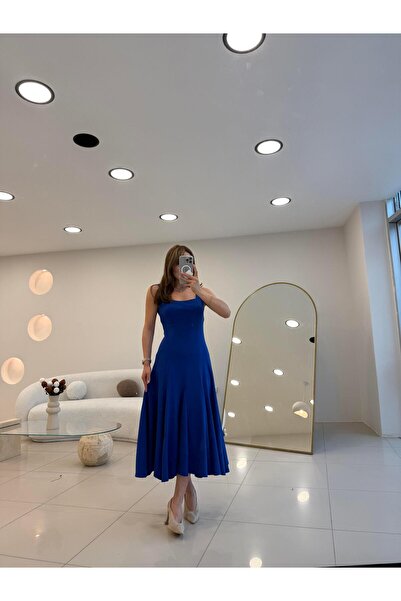 Şulenin Butiği ASKILI KLOŞ ELBİSE SAKS MAVİ