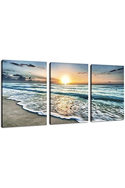 Emoda home Trove لوحة فنية جدارية من القماش، 3 قطع، بتصميم غروب الشمس والمحيط...