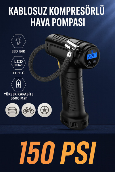 CROW'S TECH Hava Kompresörü Şarjlı Dijital 150 PSI LED Işık–LCD Ekran , Type-...