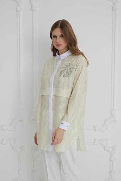 Moodbasic İŞLEMELİ ÇİZGİLİ PAMUKLU GÖMLEK