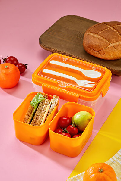 Espas Home Two-Chamber Lunch Box with Fork-Spoon Compartment and Locking Lid, Food Storage Container Set of 3