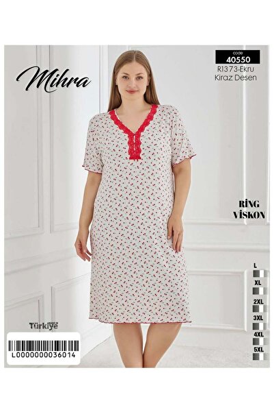 Mihra Büyük Beden Viskon Kumaş Dantel Yakalı Kısa Kollu Kadın Gecelik