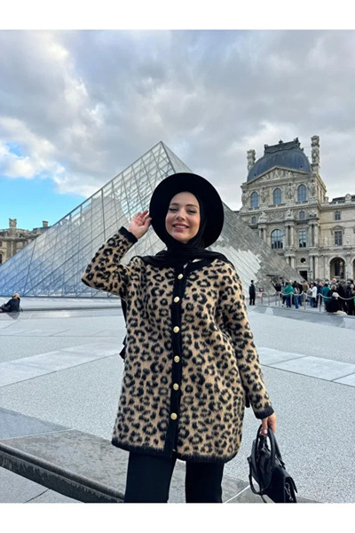 MODAMERSİ Women's Leopard Print Buttoned Wool Knitwear Cardigan