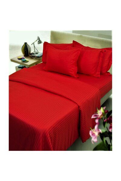 Kotonia Home Deco Bed Sheet, 100% Cotton, Damask Satin, Stripe Size 1 cm, Red, 240x260 cm
