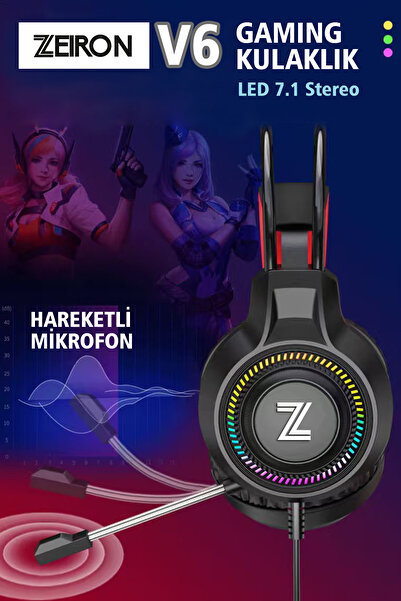 Zeiron V6 Siyah USB 7.1 Stereo Profesyonel Mikrofonlu Surround Gaming RGB Kulaküstü Oyuncu Kulaklığı