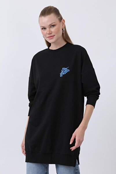 Puane Kadın Önü Üzüm Arkası Meyveli Nakışlı Tunik - 10653TUN - Siyah