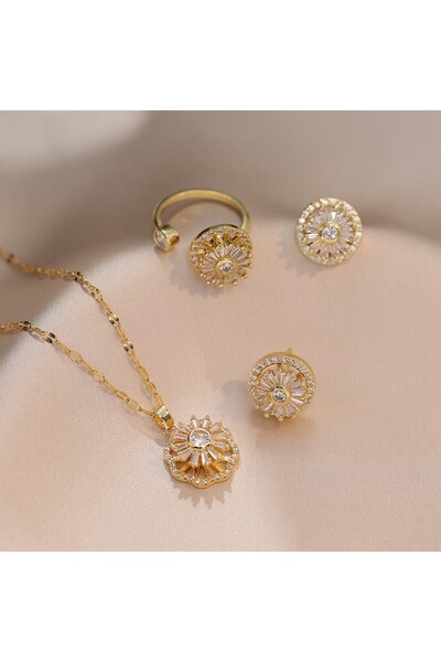 Polly Set bijuterii floare, placate cu aur de 18 K, cu pandantiv rotativ si strasuri