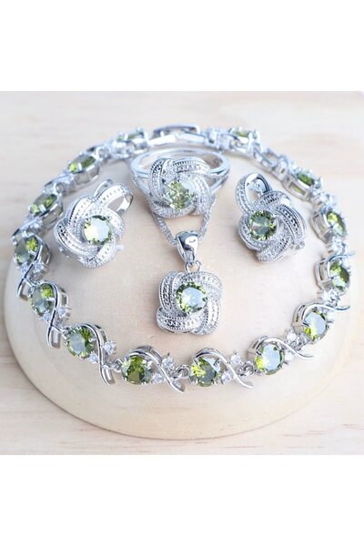 OEM Set jewelry plated with silver 925, with green-peridot zircon crystals