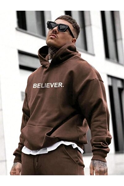 NO 601 Мъжка кафява блуза с качулка и принт Believer