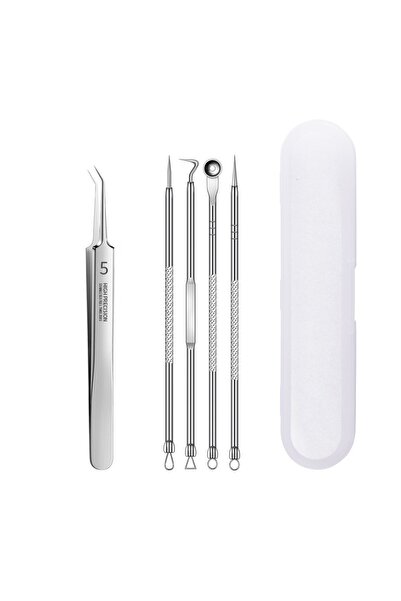 NEO Set of 5 blackhead extraction tweezers, stainless steel cosmetic tools, metal, acne, comedones