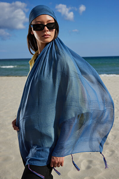 FENZA SCARF ŞAL DE BUMBAC BRICE DARK INDIGO CU FRĂCHĂ LUNGĂ