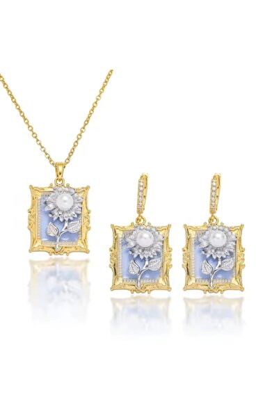 OEM CAIOOCHE - Set bijuterii vintage placate cu aur de 18 K, cu floare-perla si strasuri