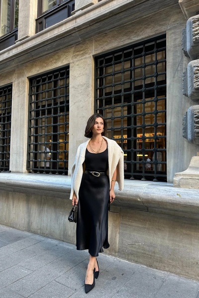 Lusin Dámská černá sezónní zimní midi sukně prémiové saténové kvality