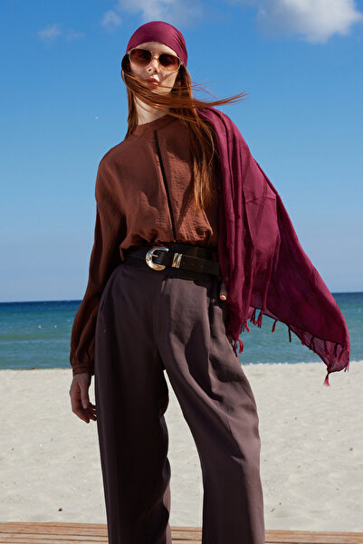 FENZA SCARF ŞAL DE BUMBAC LILYUM VİŞNE CU FRĂŞĂ